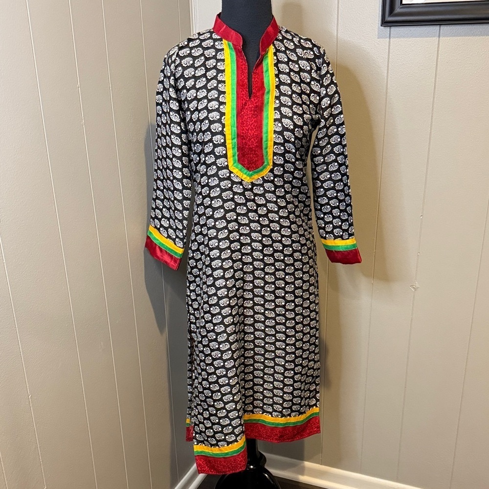 Crafthouse Women’s Colorful Black & White Tunic/Kurta with Red & Yellow Accents